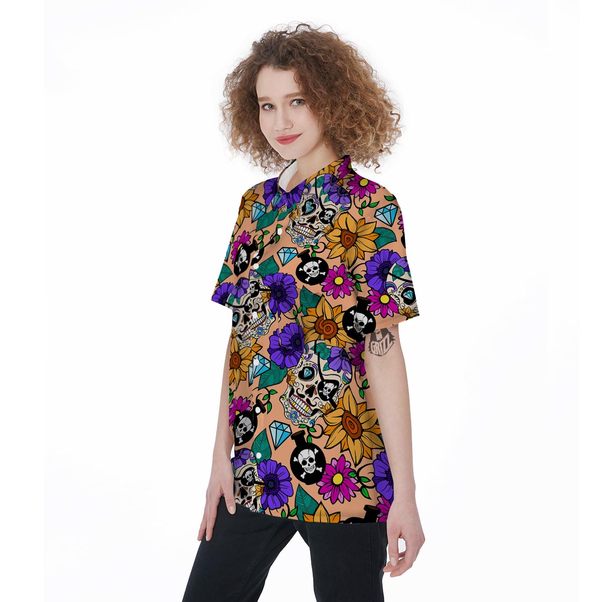 Sugar Skull Flower Women's Short Sleeve Shirts-grizzshop