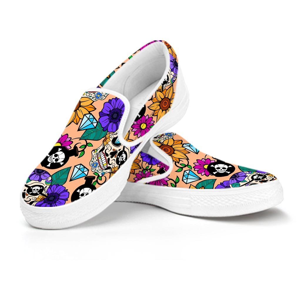 Sugar Skull Flower Women's Slip On Sneakers-grizzshop