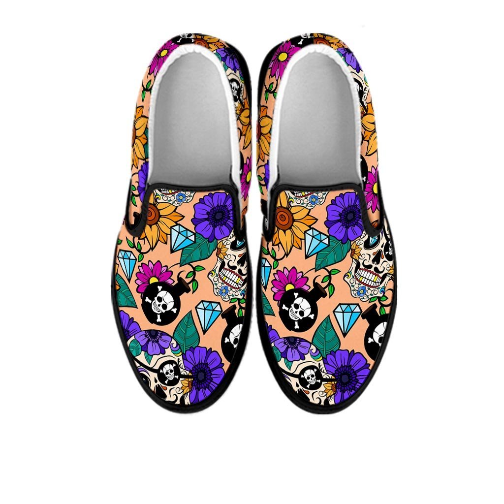 Sugar Skull Flower Women's Slip On Sneakers-grizzshop