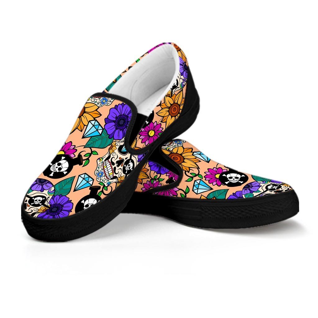Sugar Skull Flower Women's Slip On Sneakers-grizzshop