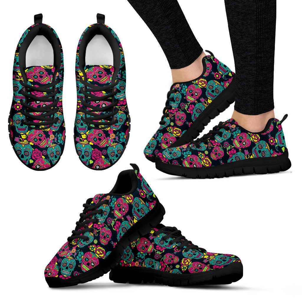 Sugar Skull Girly Skeleton Floral Pattern Print Black Sneaker Shoes For Men Women-grizzshop