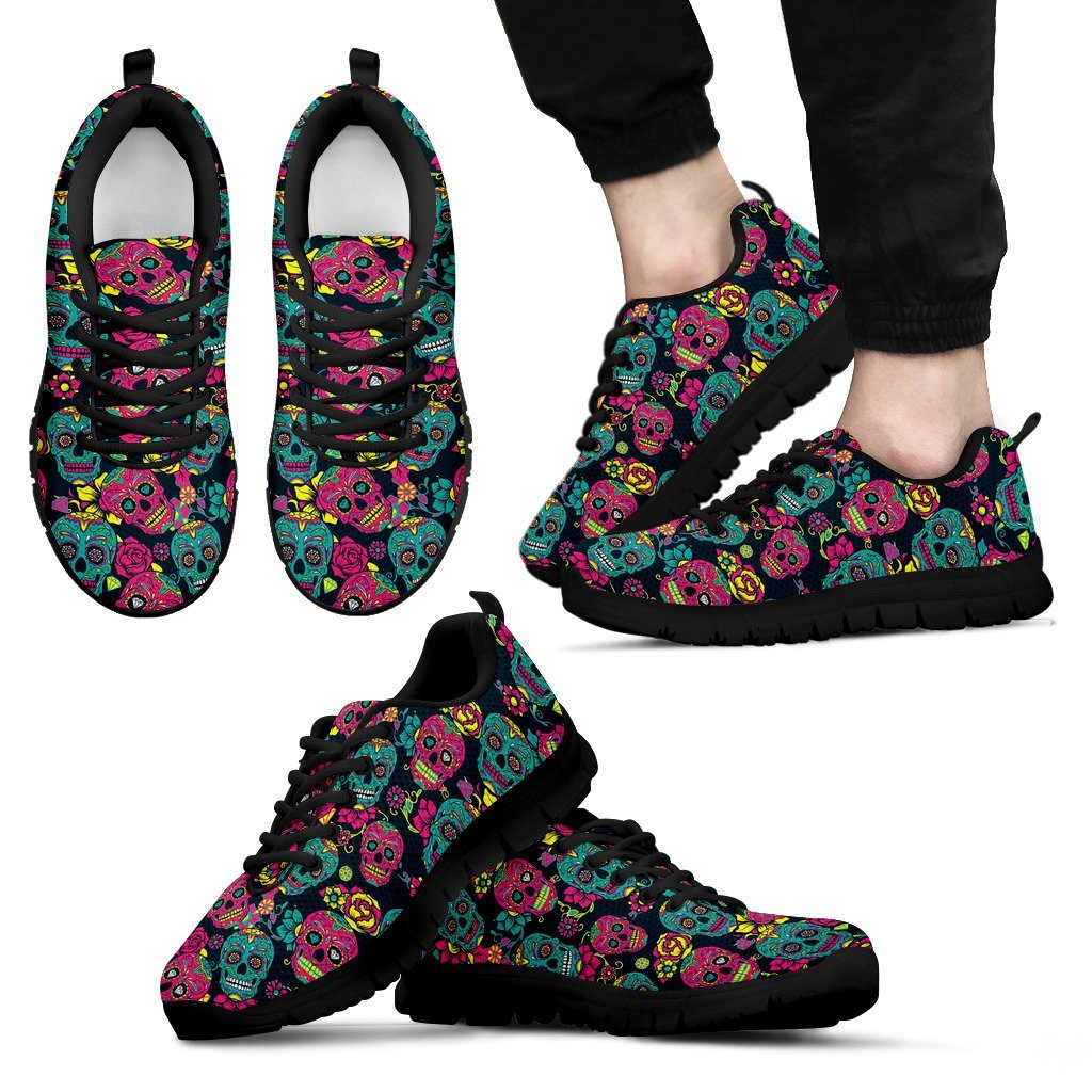 Sugar Skull Girly Skeleton Floral Pattern Print Black Sneaker Shoes For Men Women-grizzshop