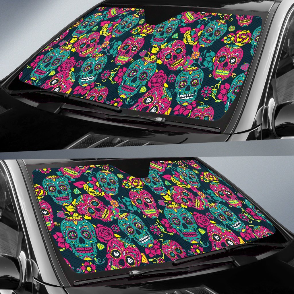 Sugar Skull Girly Skeleton Floral Pattern Print Car Sun Shade-grizzshop