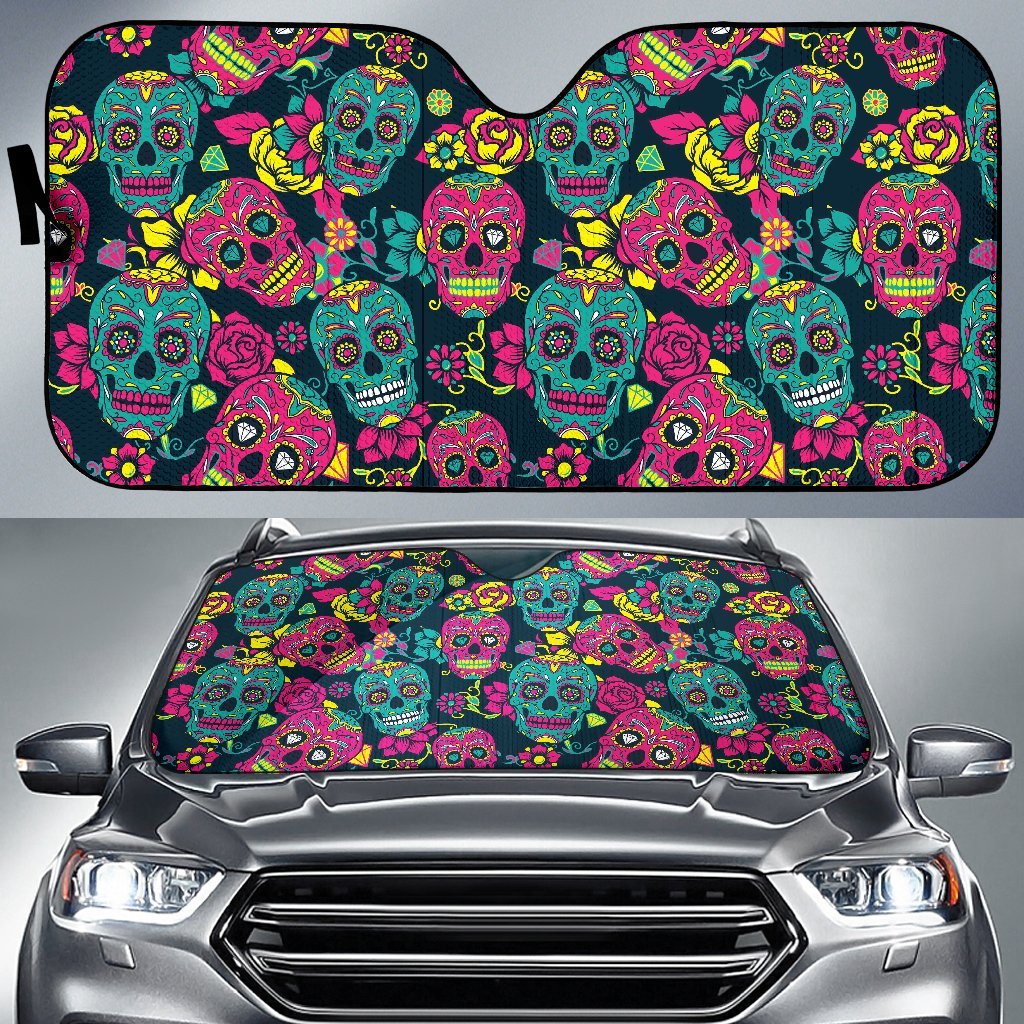 Sugar Skull Girly Skeleton Floral Pattern Print Car Sun Shade-grizzshop