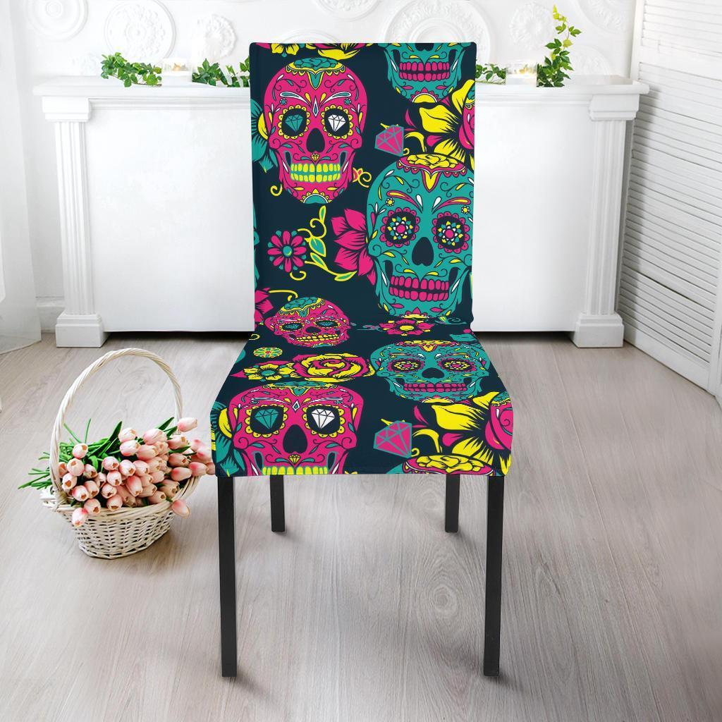 Sugar Skull Girly Skeleton Floral Pattern Print Chair Cover-grizzshop