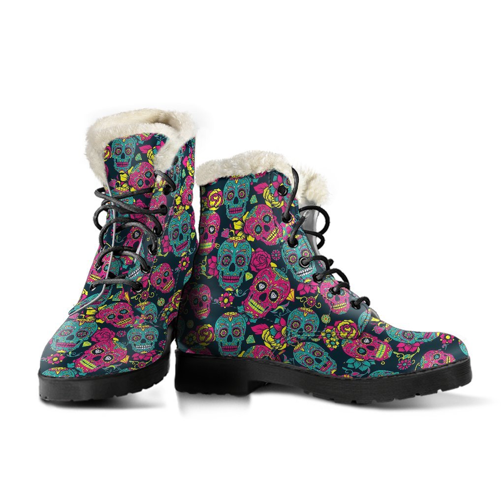 Sugar Skull Girly Skeleton Floral Pattern Print Comfy Winter Boots-grizzshop