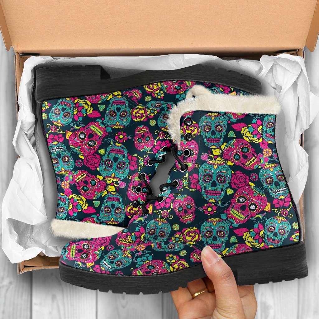 Sugar Skull Girly Skeleton Floral Pattern Print Comfy Winter Boots-grizzshop