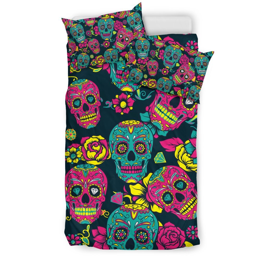Sugar Skull Girly Skeleton Floral Pattern Print Duvet Cover Bedding Set-grizzshop