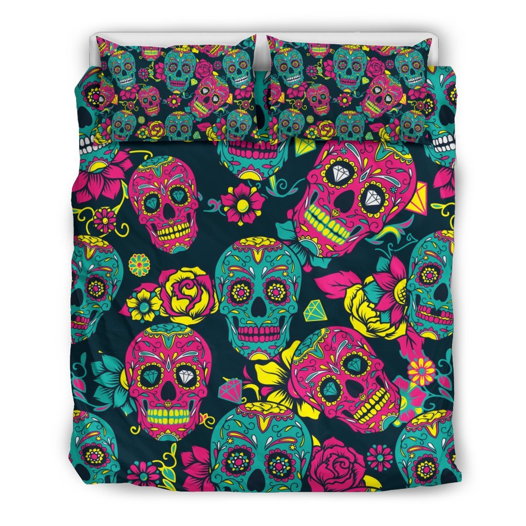 Sugar Skull Girly Skeleton Floral Pattern Print Duvet Cover Bedding Set-grizzshop