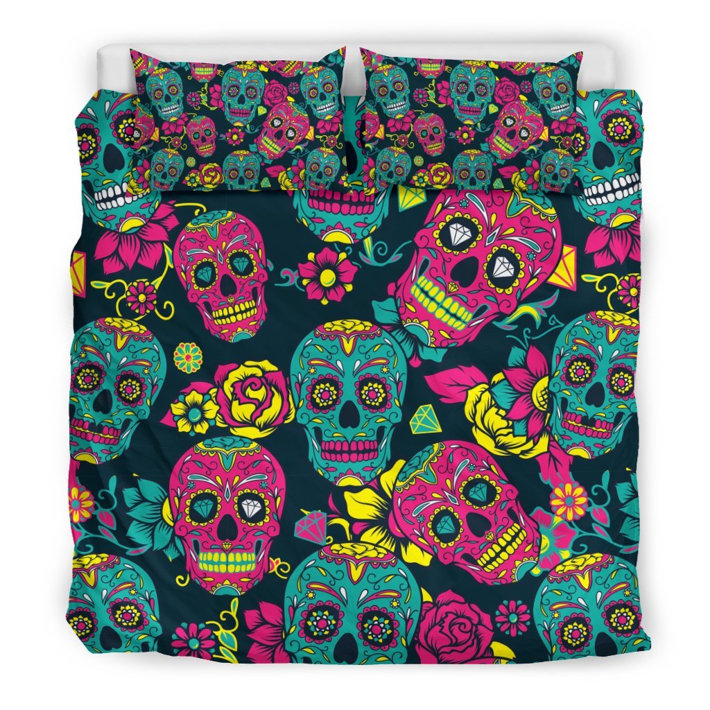 Sugar Skull Girly Skeleton Floral Pattern Print Duvet Cover Bedding Set-grizzshop