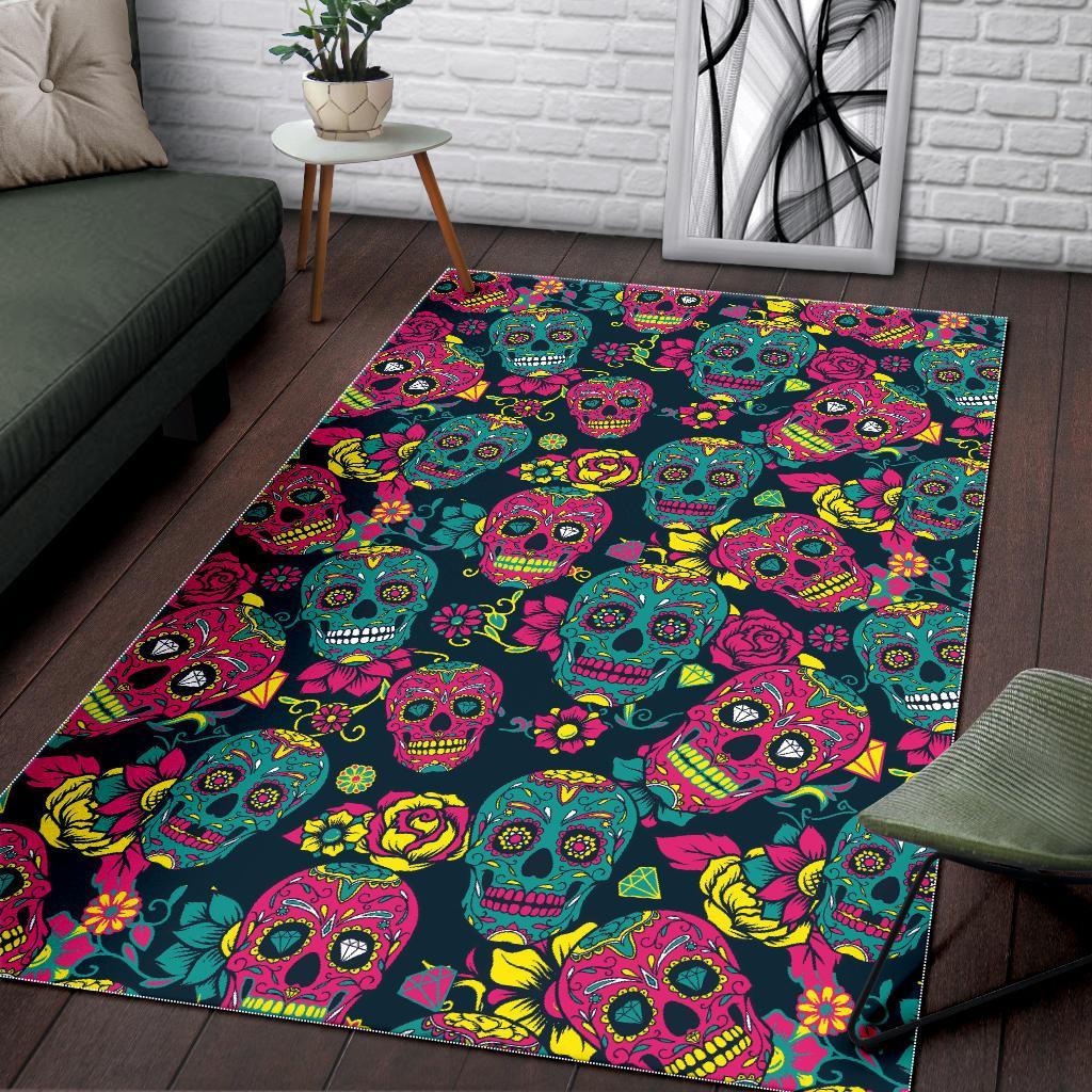 Sugar Skull Girly Skeleton Floral Pattern Print Floor Mat-grizzshop