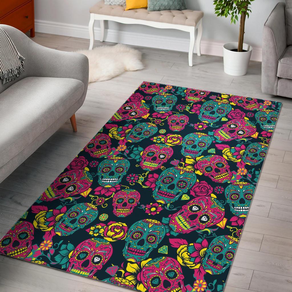 Sugar Skull Girly Skeleton Floral Pattern Print Floor Mat-grizzshop