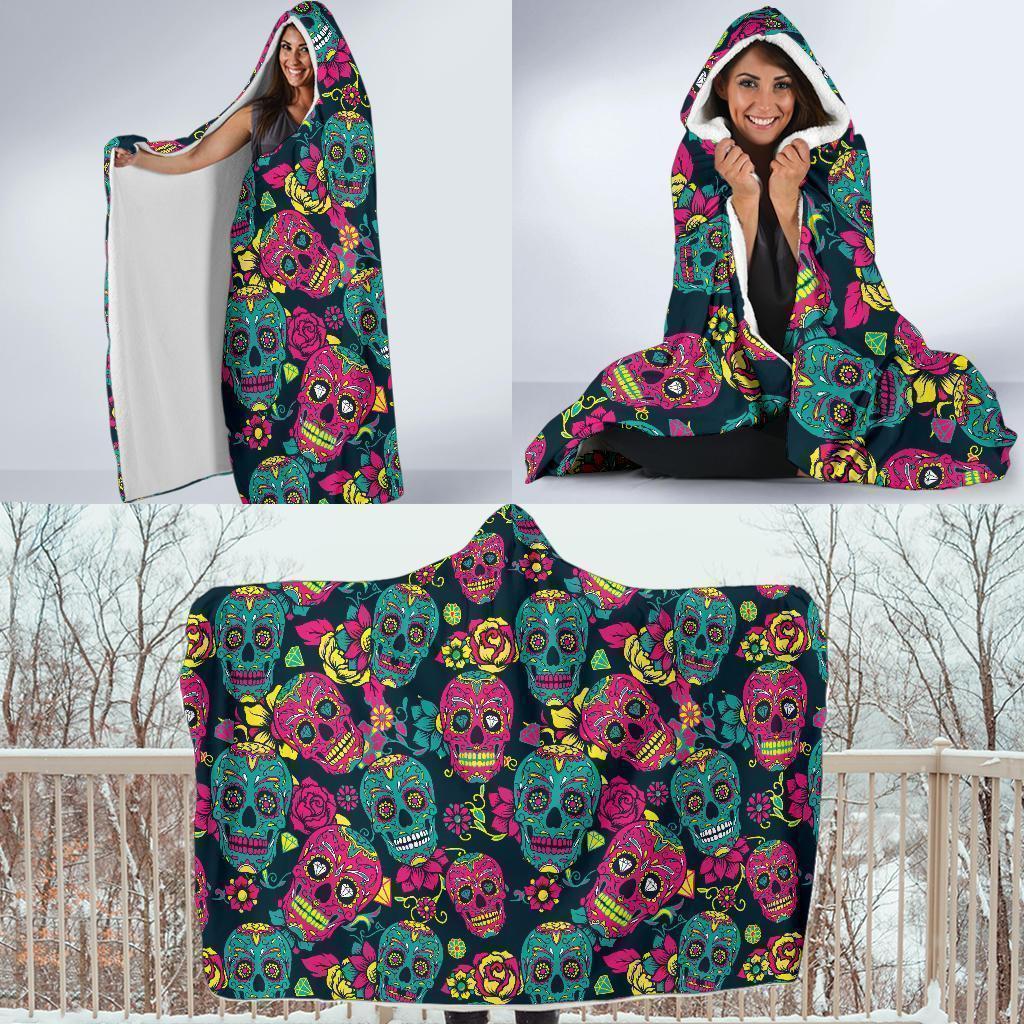 Sugar Skull Girly Skeleton Floral Pattern Print Hooded Blanket-grizzshop