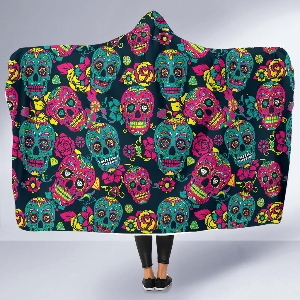 Sugar Skull Girly Skeleton Floral Pattern Print Hooded Blanket-grizzshop