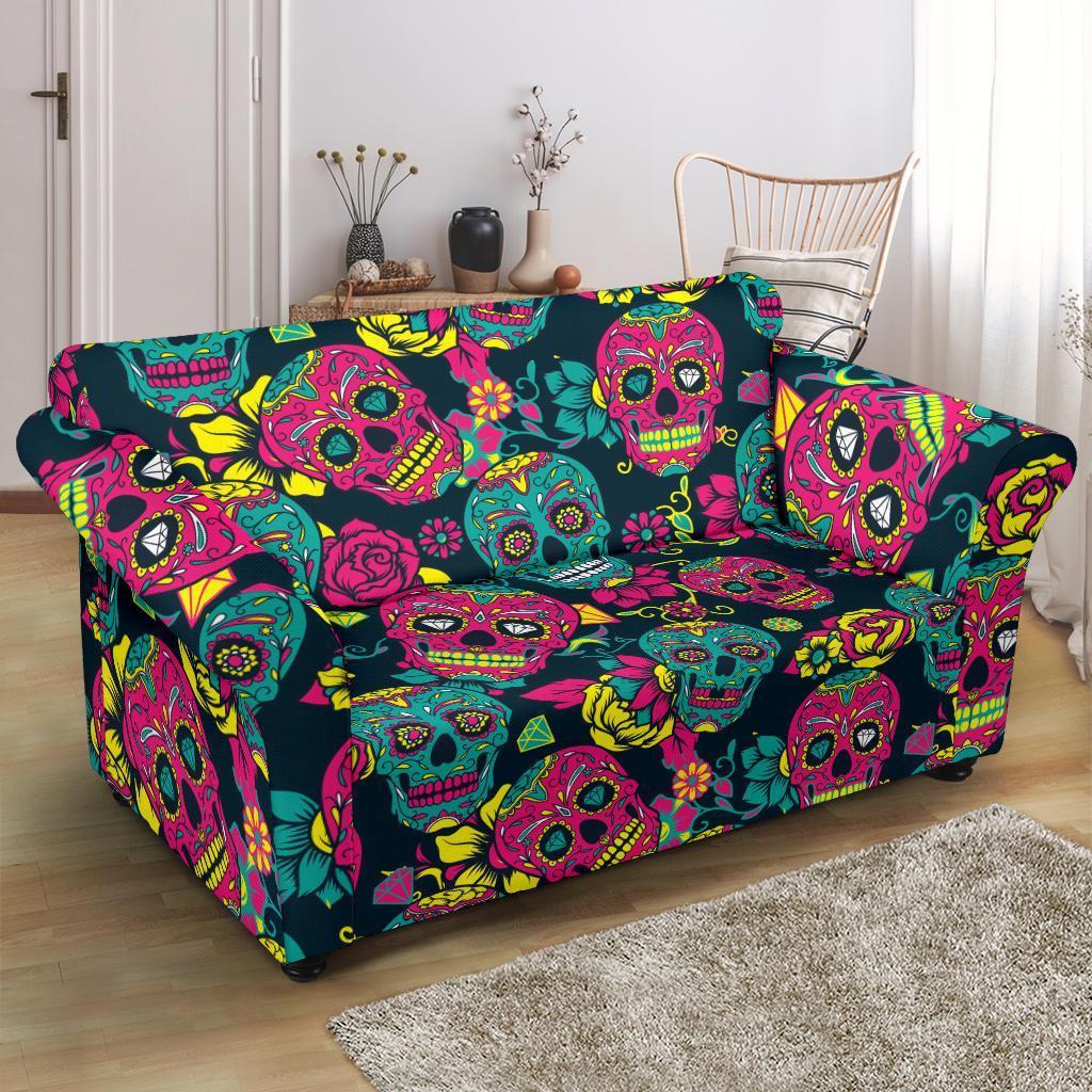 Sugar Skull Girly Skeleton Floral Pattern Print Loveseat Cover-grizzshop