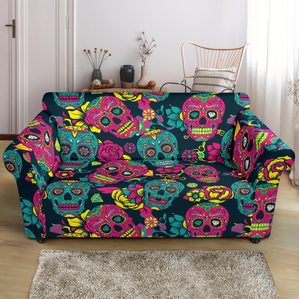 Sugar Skull Girly Skeleton Floral Pattern Print Loveseat Cover-grizzshop