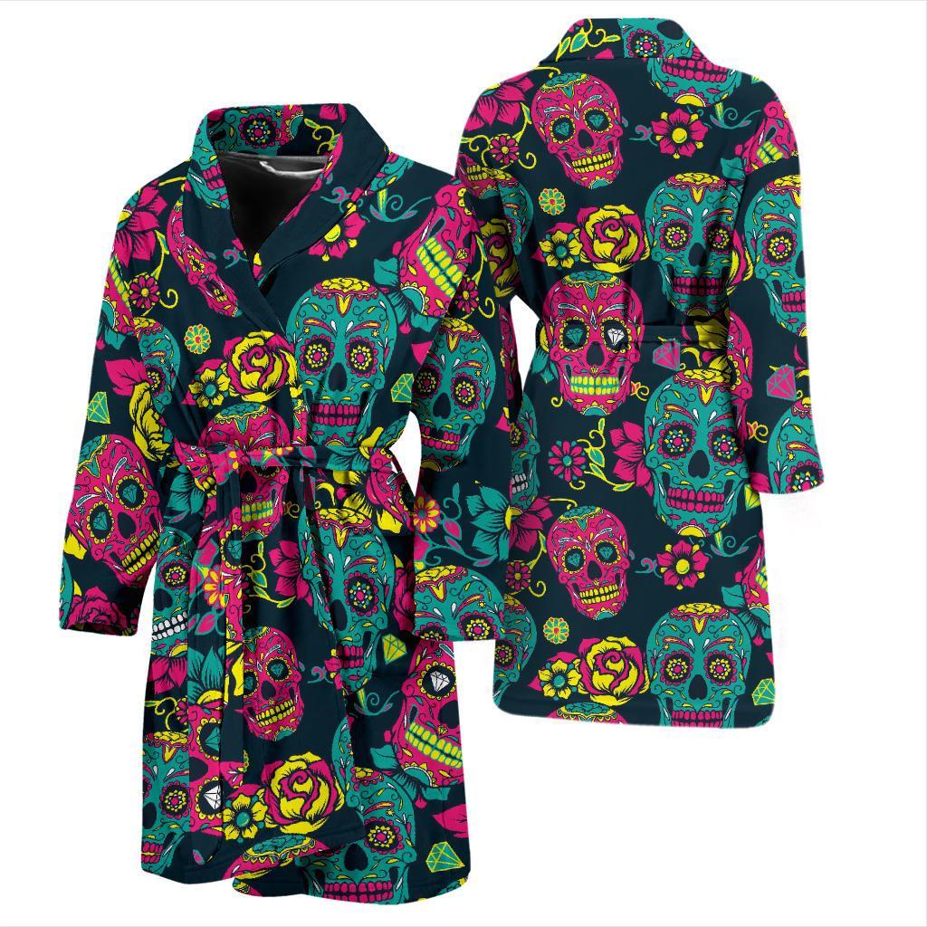 Sugar Skull Girly Skeleton Floral Pattern Print Men Long Robe-grizzshop