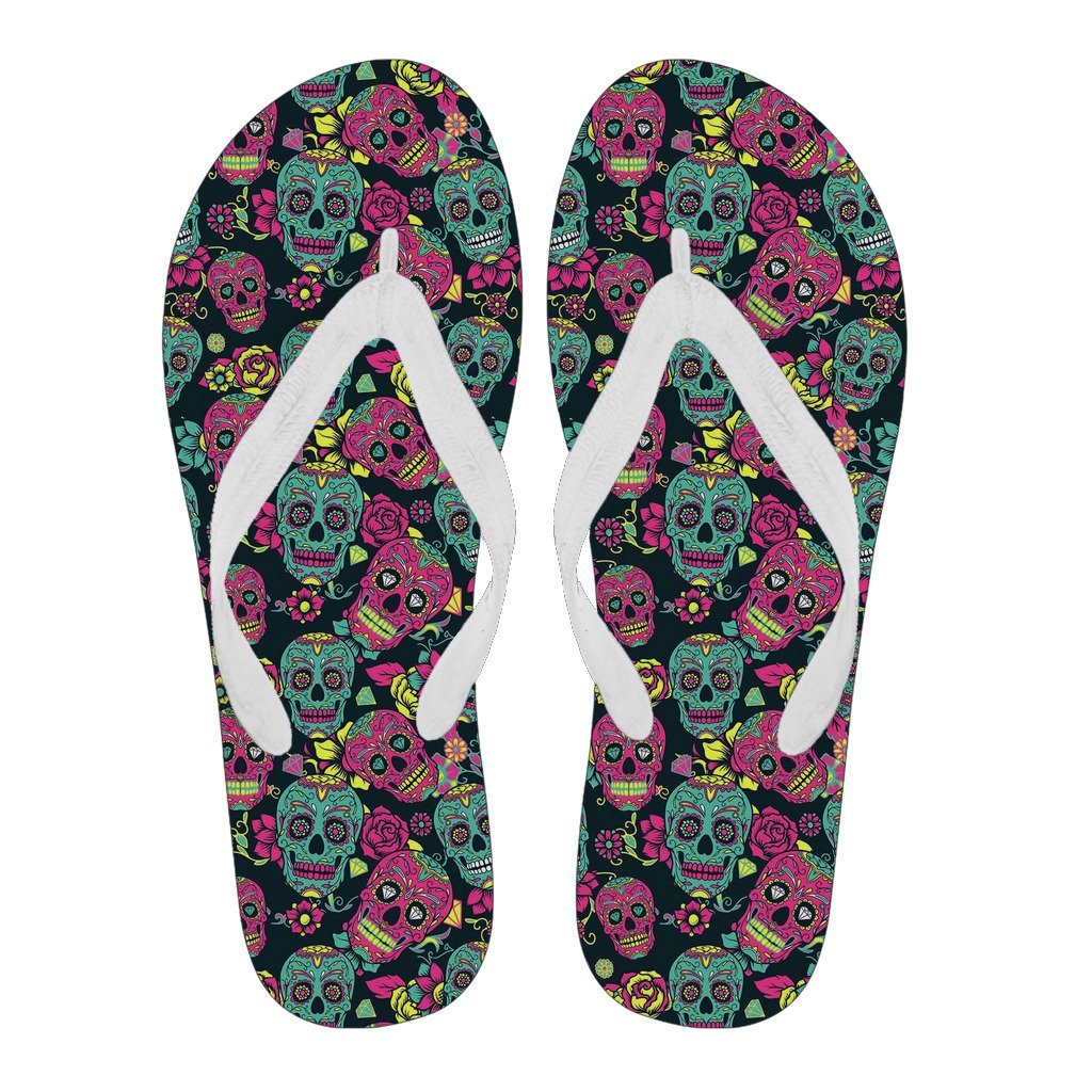 Sugar Skull Girly Skeleton Floral Pattern Print Men & Women Flip Flops-grizzshop
