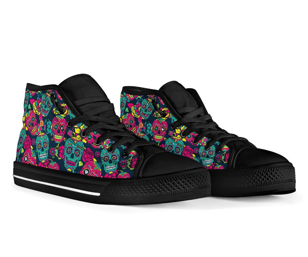 Sugar Skull Girly Skeleton Floral Pattern Print Men Women's High Top Shoes-grizzshop