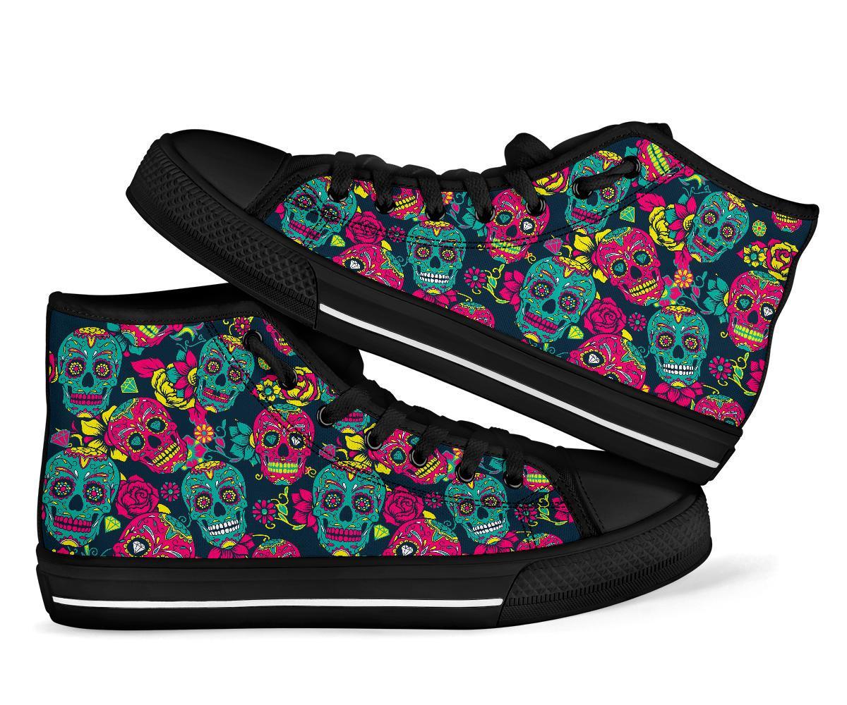 Sugar Skull Girly Skeleton Floral Pattern Print Men Women's High Top Shoes-grizzshop