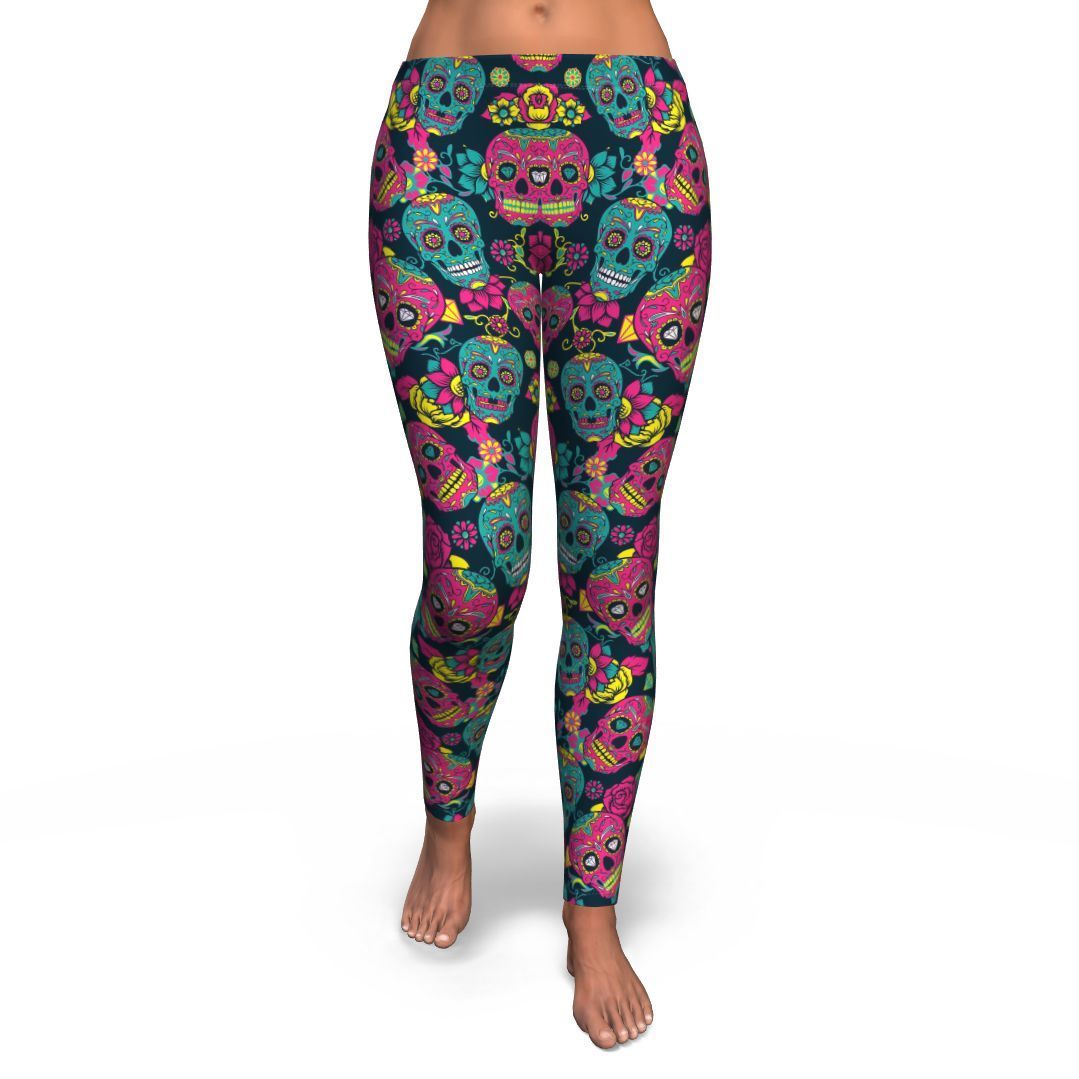 Sugar Skull Girly Skeleton Floral Pattern Print Pattern Women Leggings-grizzshop