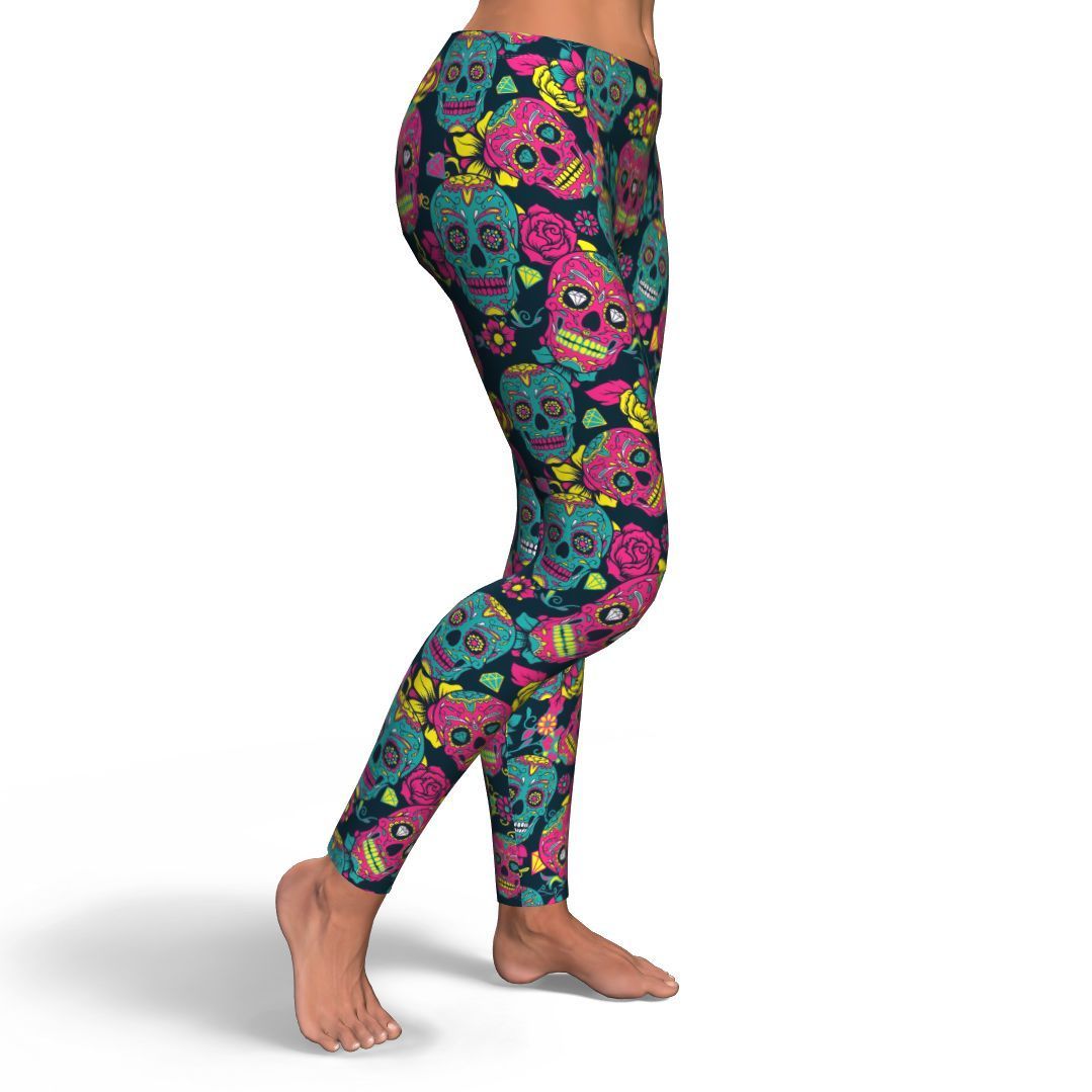 Sugar Skull Girly Skeleton Floral Pattern Print Pattern Women Leggings-grizzshop