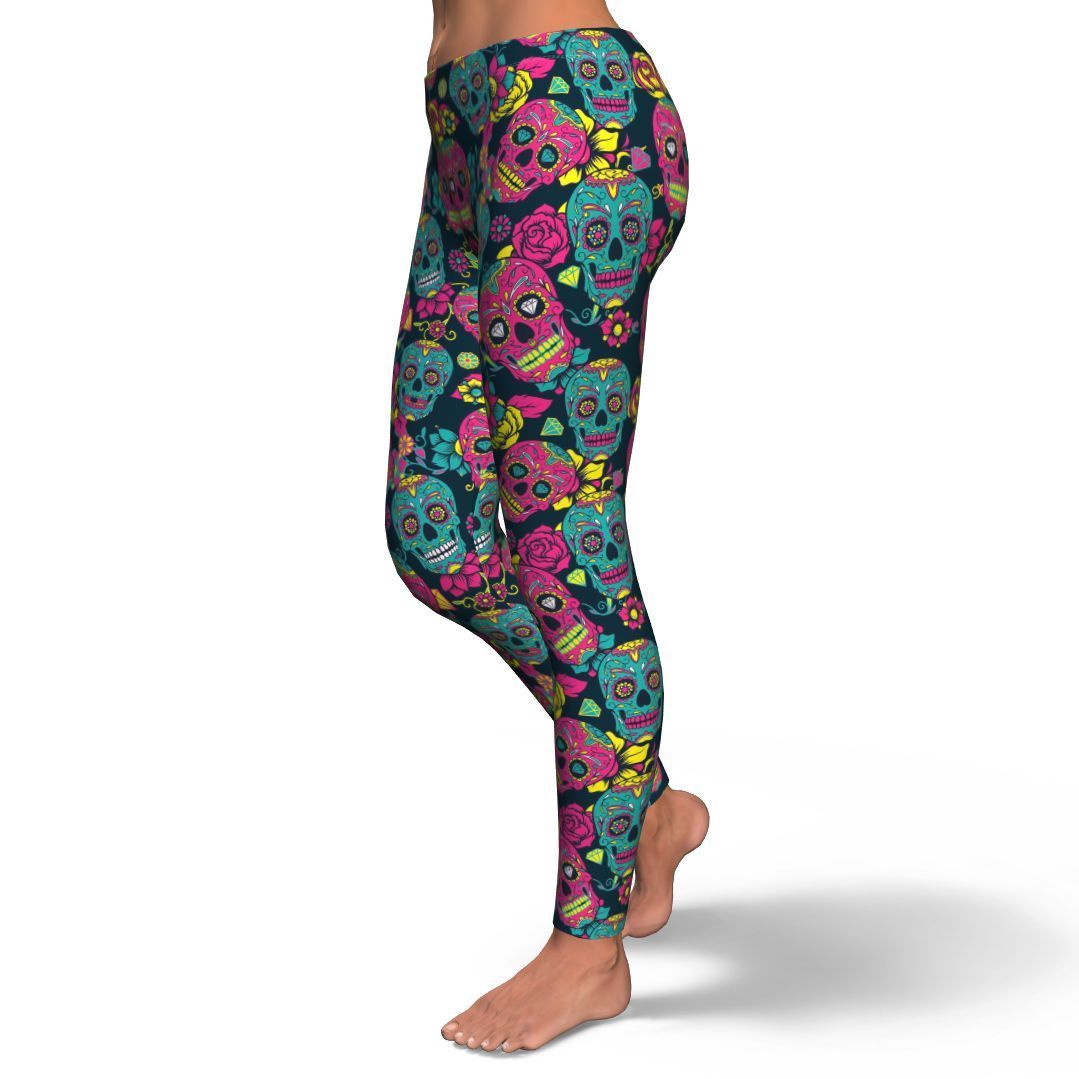 Sugar Skull Girly Skeleton Floral Pattern Print Pattern Women Leggings-grizzshop