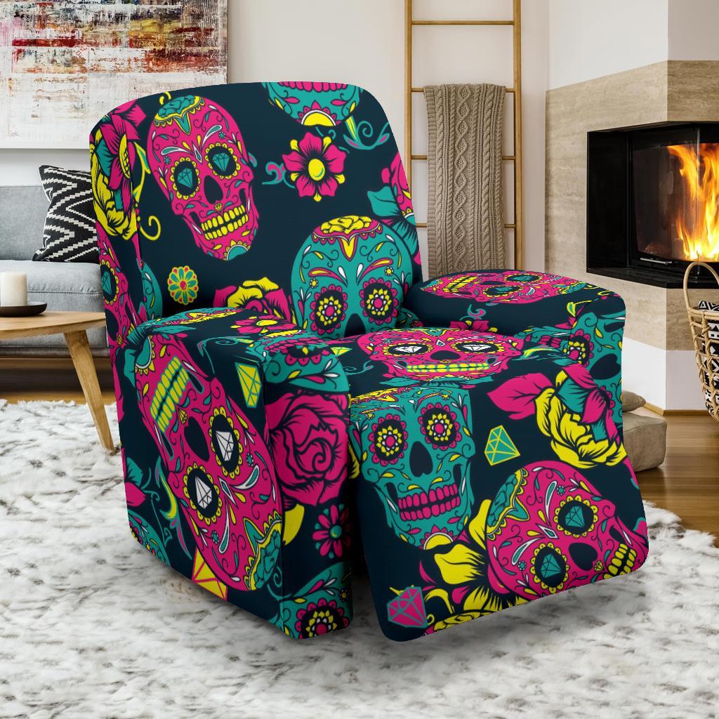 Sugar Skull Girly Skeleton Floral Pattern Print Recliner Cover-grizzshop