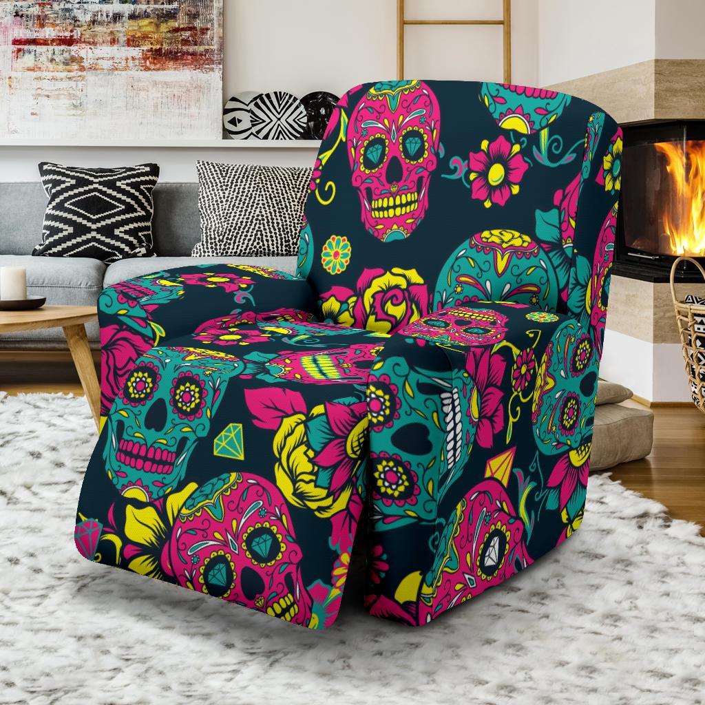 Sugar Skull Girly Skeleton Floral Pattern Print Recliner Cover-grizzshop