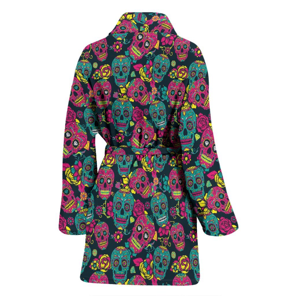 Sugar Skull Girly Skeleton Floral Pattern Print Women Long Robe-grizzshop