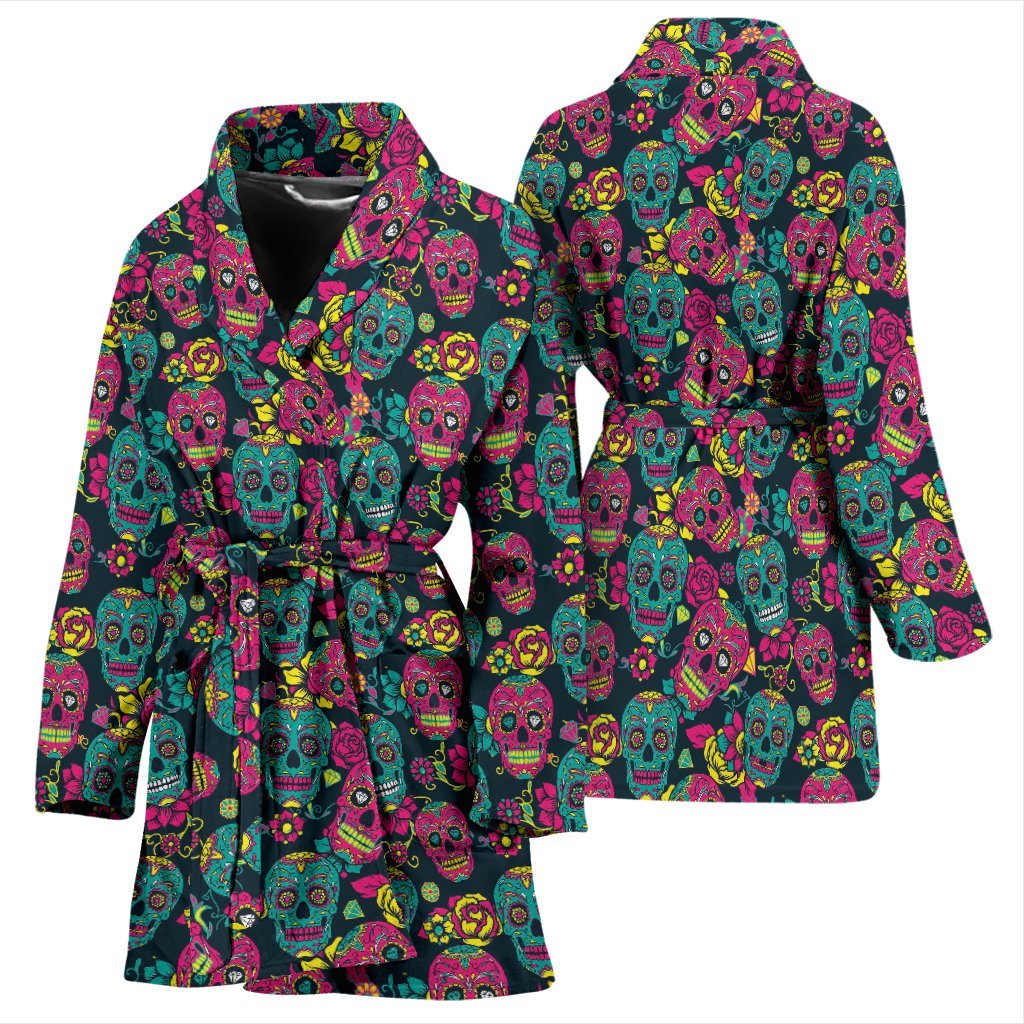 Sugar Skull Girly Skeleton Floral Pattern Print Women Long Robe-grizzshop