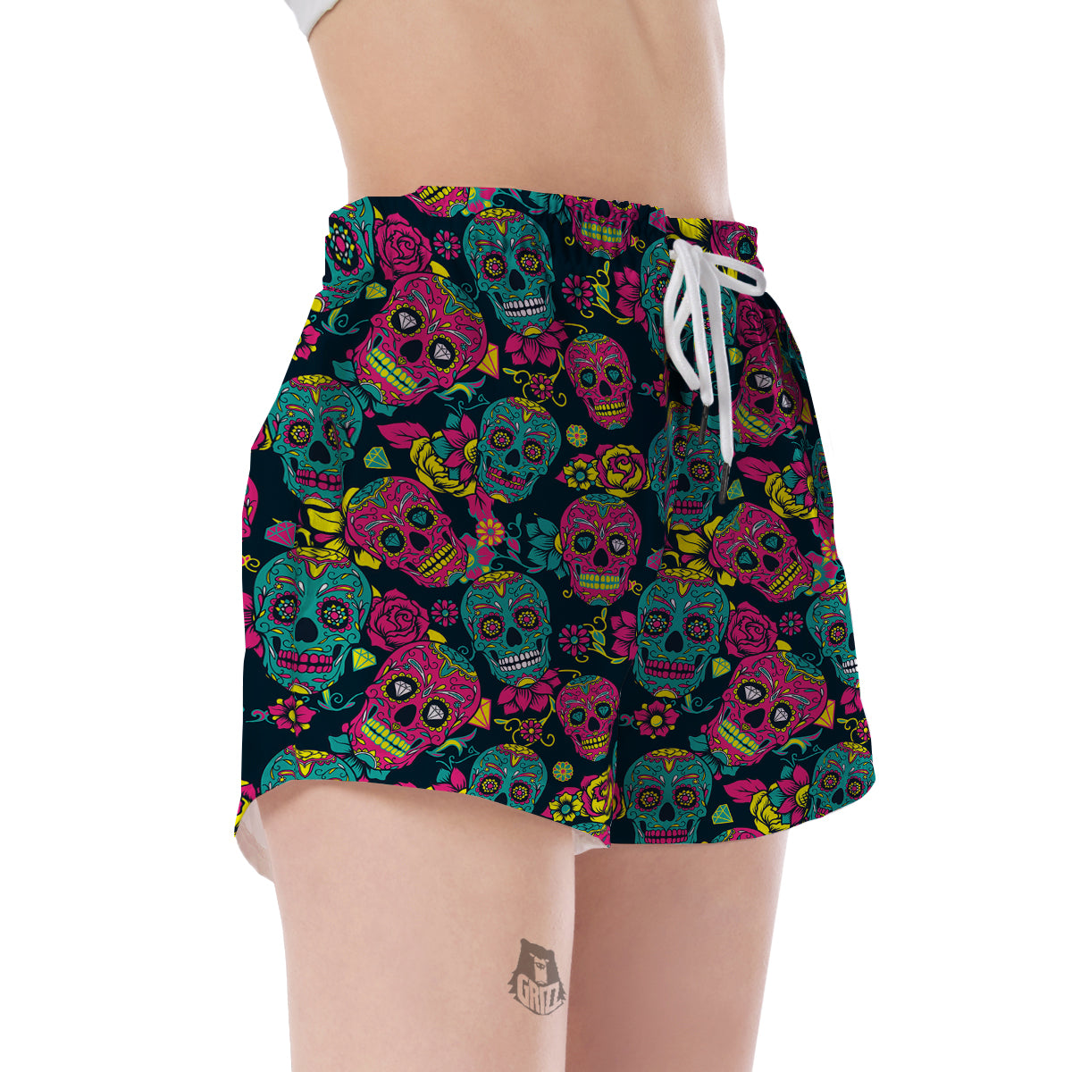 Sugar Skull Girly Skeleton Floral Pattern Print Women's Shorts-grizzshop