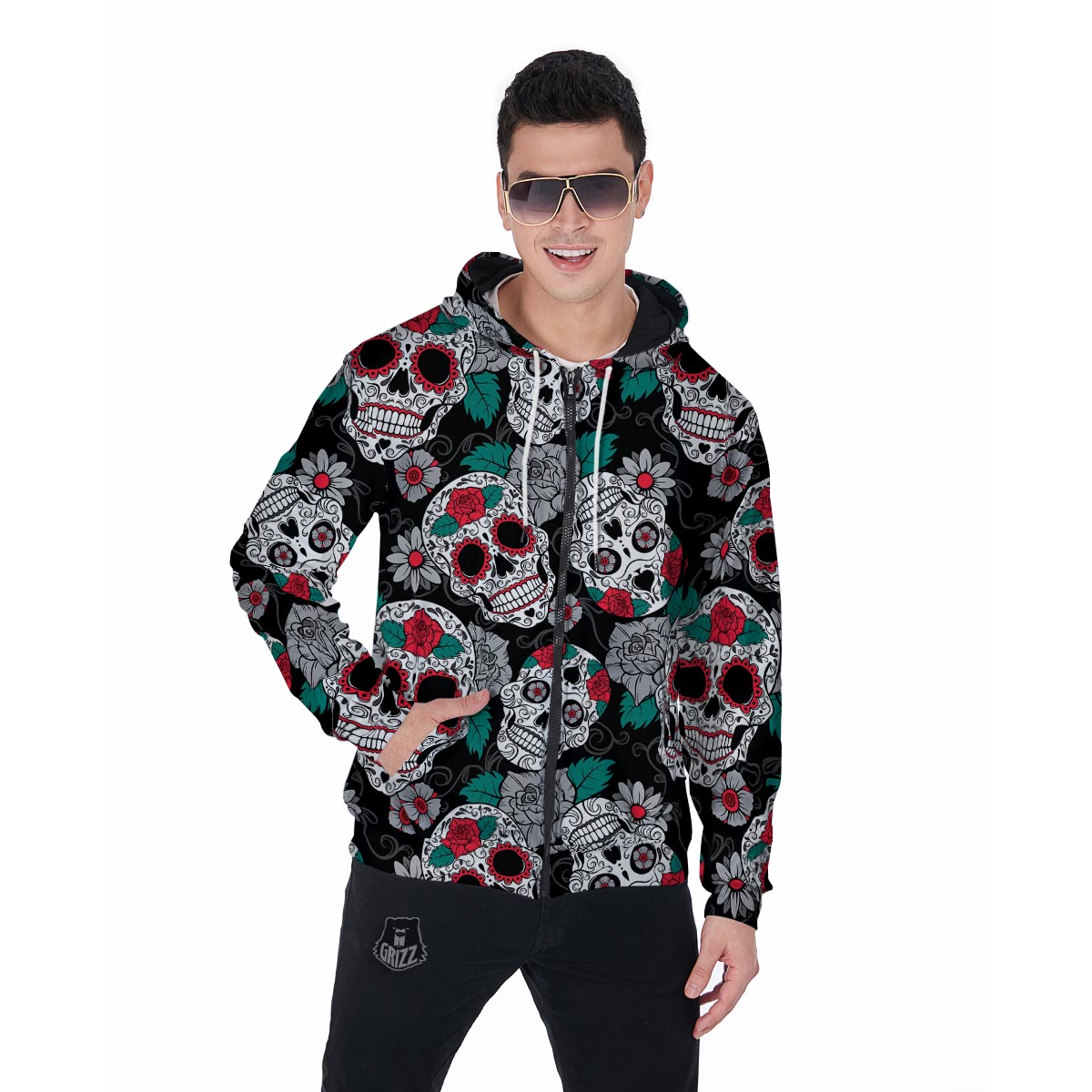 Sugar Skull Men's Zip Up Hoodie-grizzshop