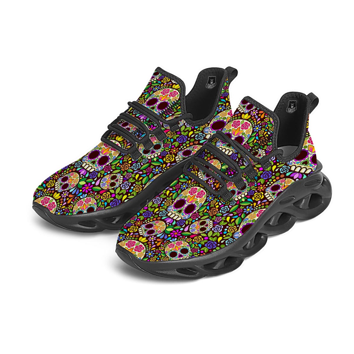 Sugar Skull Mexican Floral Black Running Shoes-grizzshop