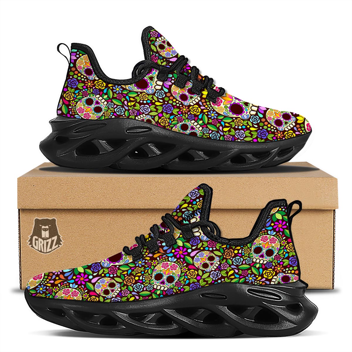 Sugar Skull Mexican Floral Black Running Shoes-grizzshop