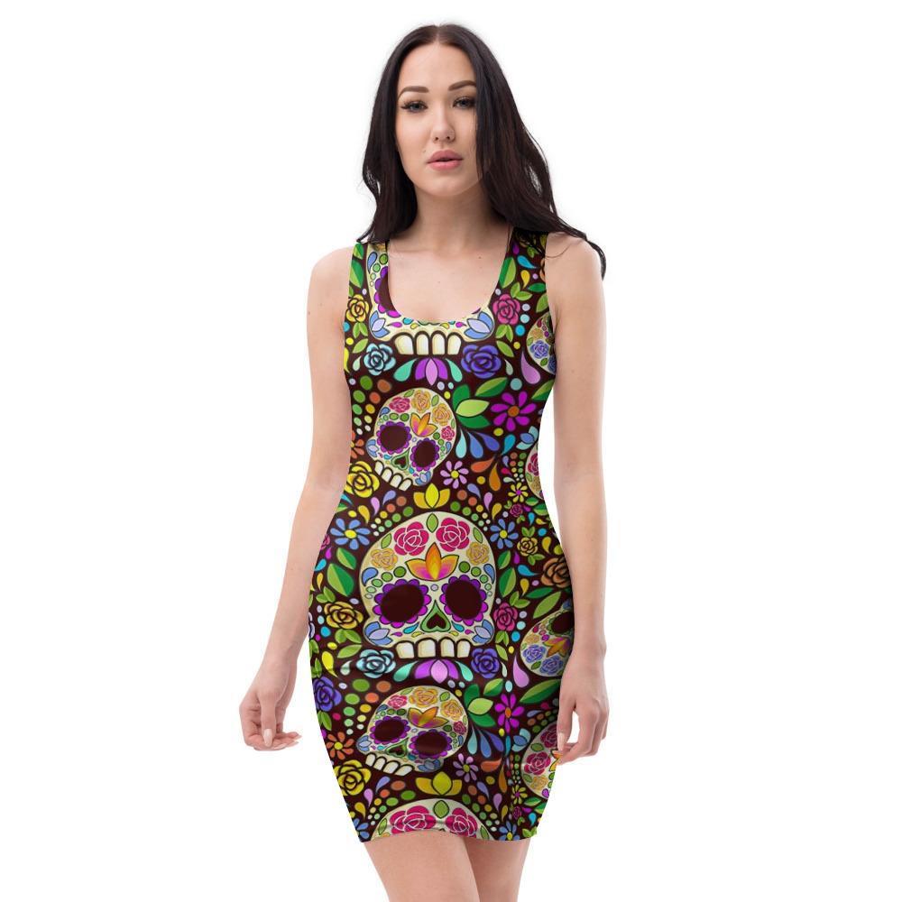 Sugar Skull Mexican Floral Bodycon Dress-grizzshop