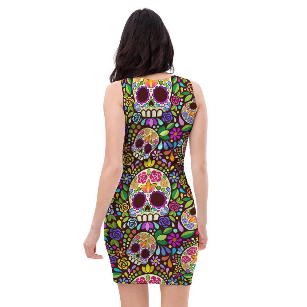 Sugar Skull Mexican Floral Bodycon Dress-grizzshop