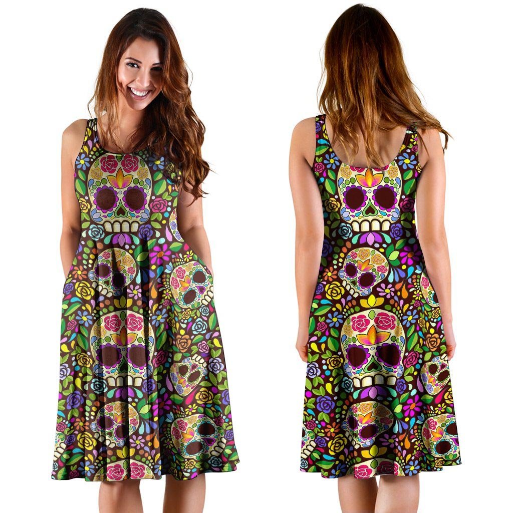 Sugar Skull Mexican Floral Dress-grizzshop