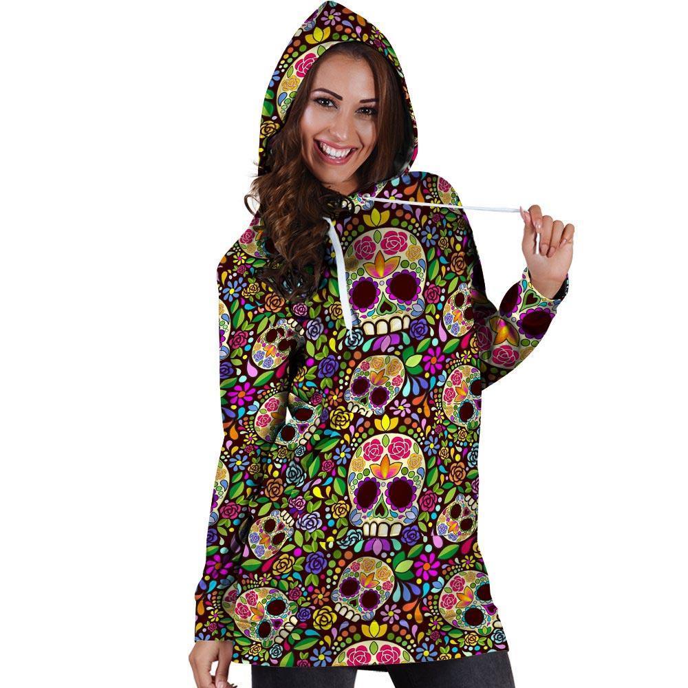 Sugar Skull Mexican Floral Hoodie Dress-grizzshop