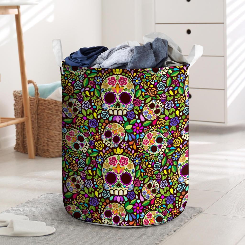 Sugar Skull Mexican Floral Laundry Basket-grizzshop