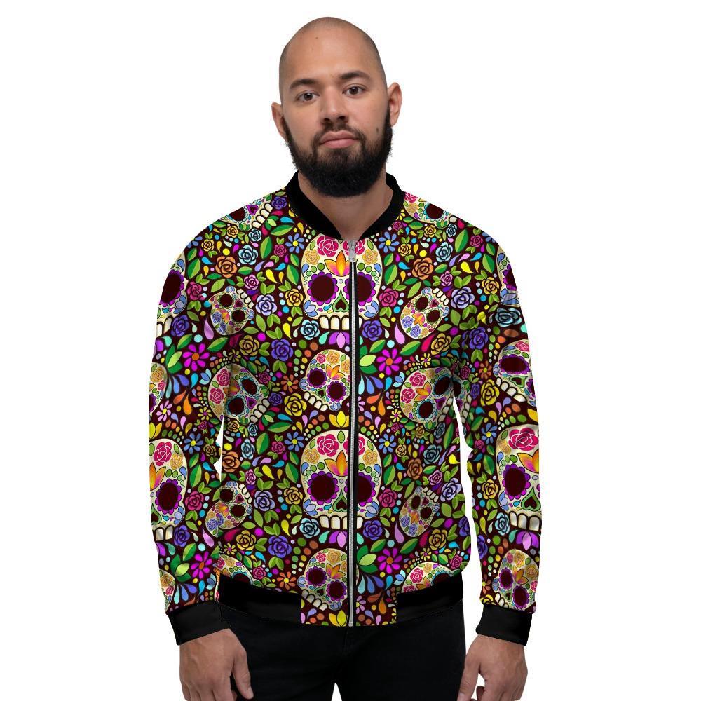 Sugar Skull Mexican Floral Men's Bomber Jacket-grizzshop