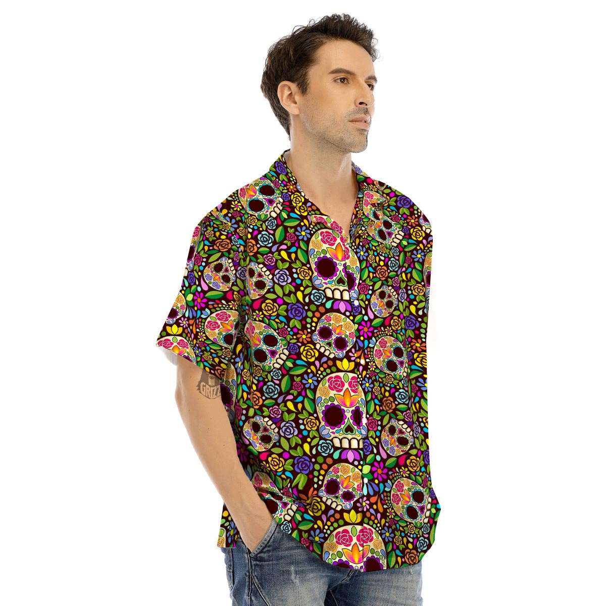 Sugar Skull Mexican Floral Men’s Hawaiian Shirt-grizzshop