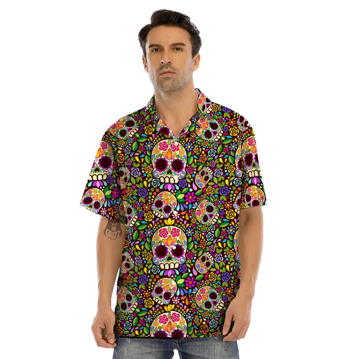 Sugar Skull Mexican Floral Men’s Hawaiian Shirt-grizzshop