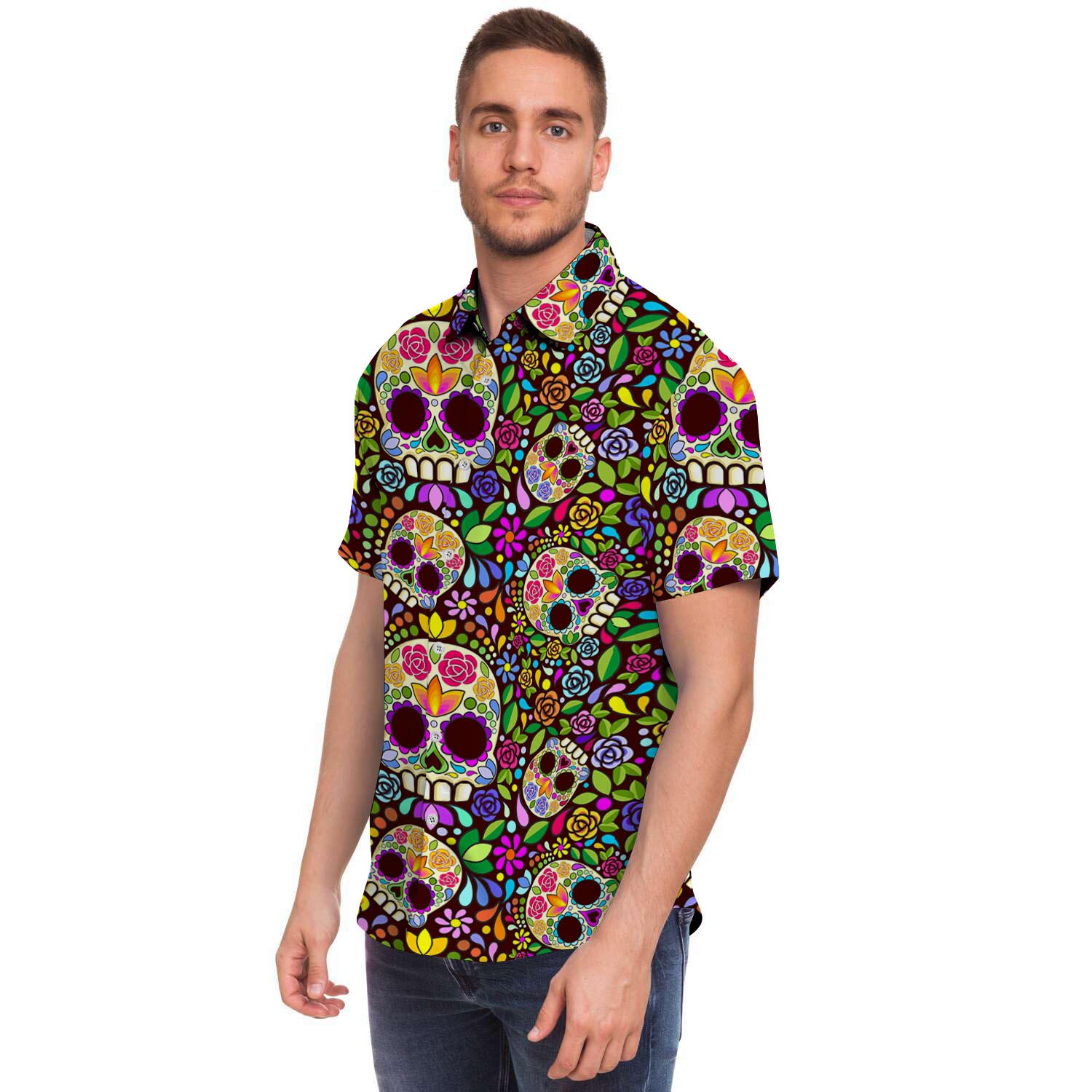 Sugar Skull Mexican Floral Men's Short Sleeve Shirt-grizzshop
