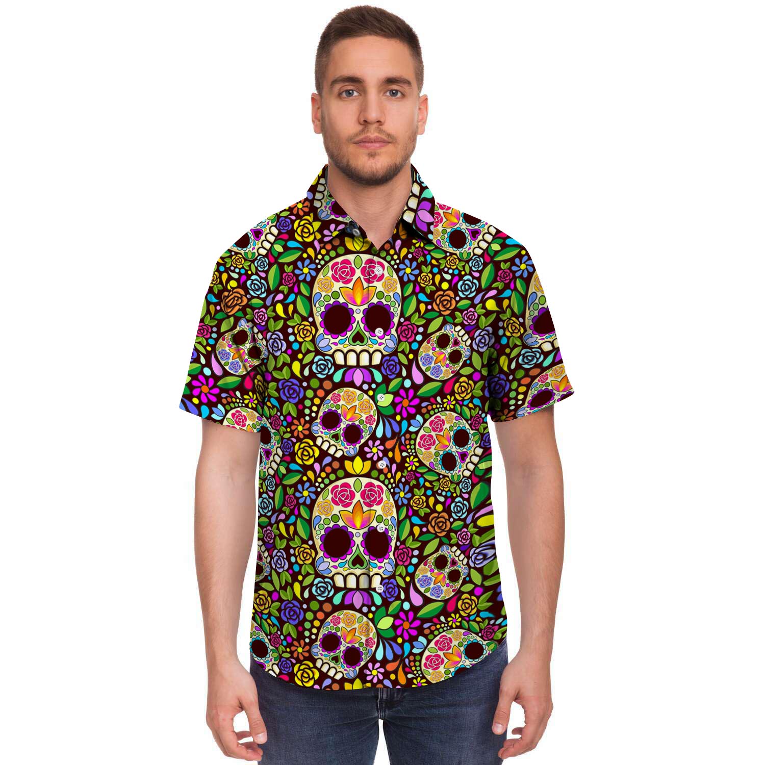 Sugar Skull Mexican Floral Men's Short Sleeve Shirt-grizzshop