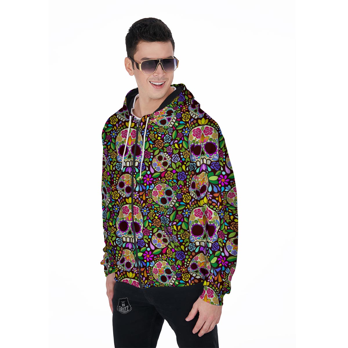 Sugar Skull Mexican Floral Men's Zip Up Hoodie-grizzshop