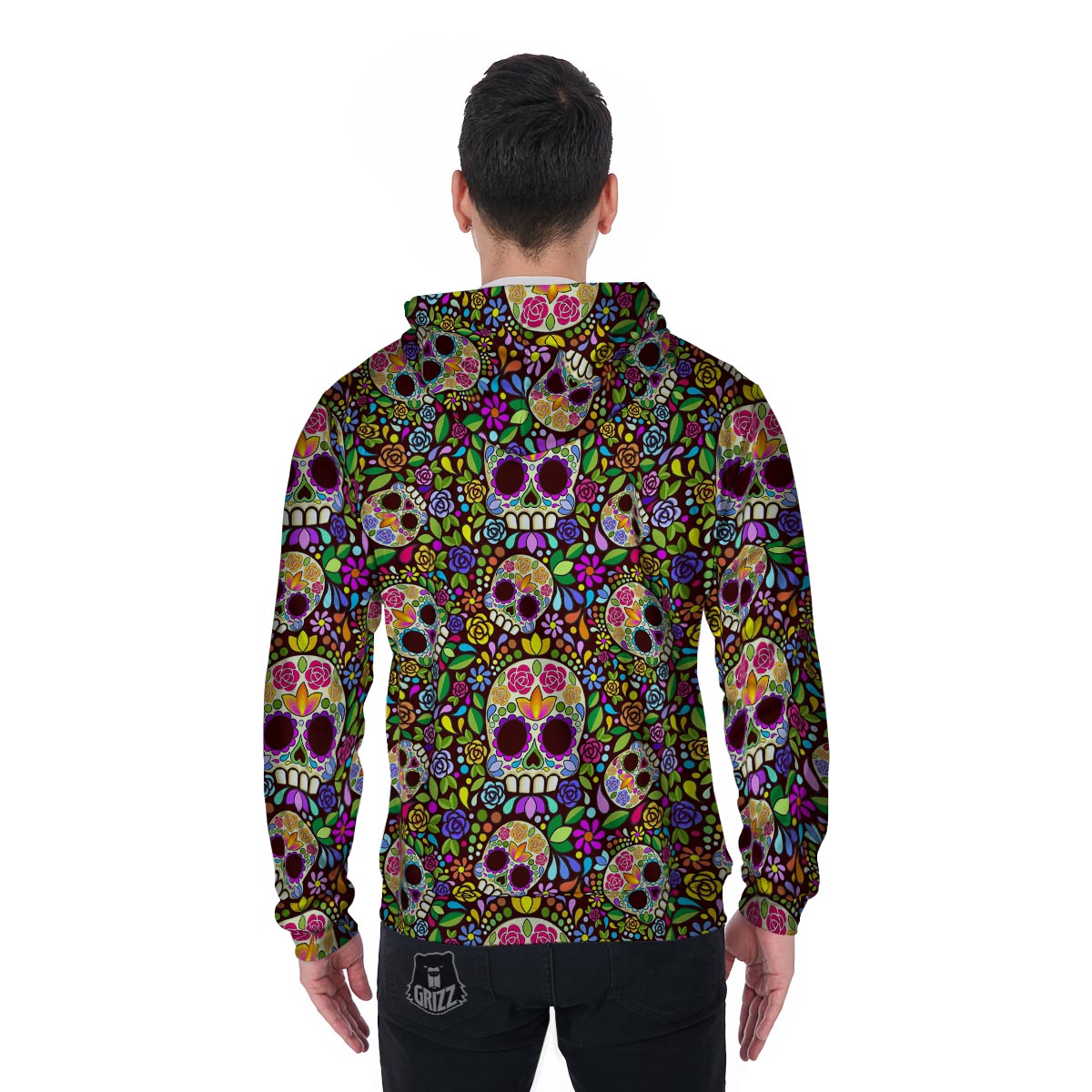 Sugar Skull Mexican Floral Men's Zip Up Hoodie-grizzshop
