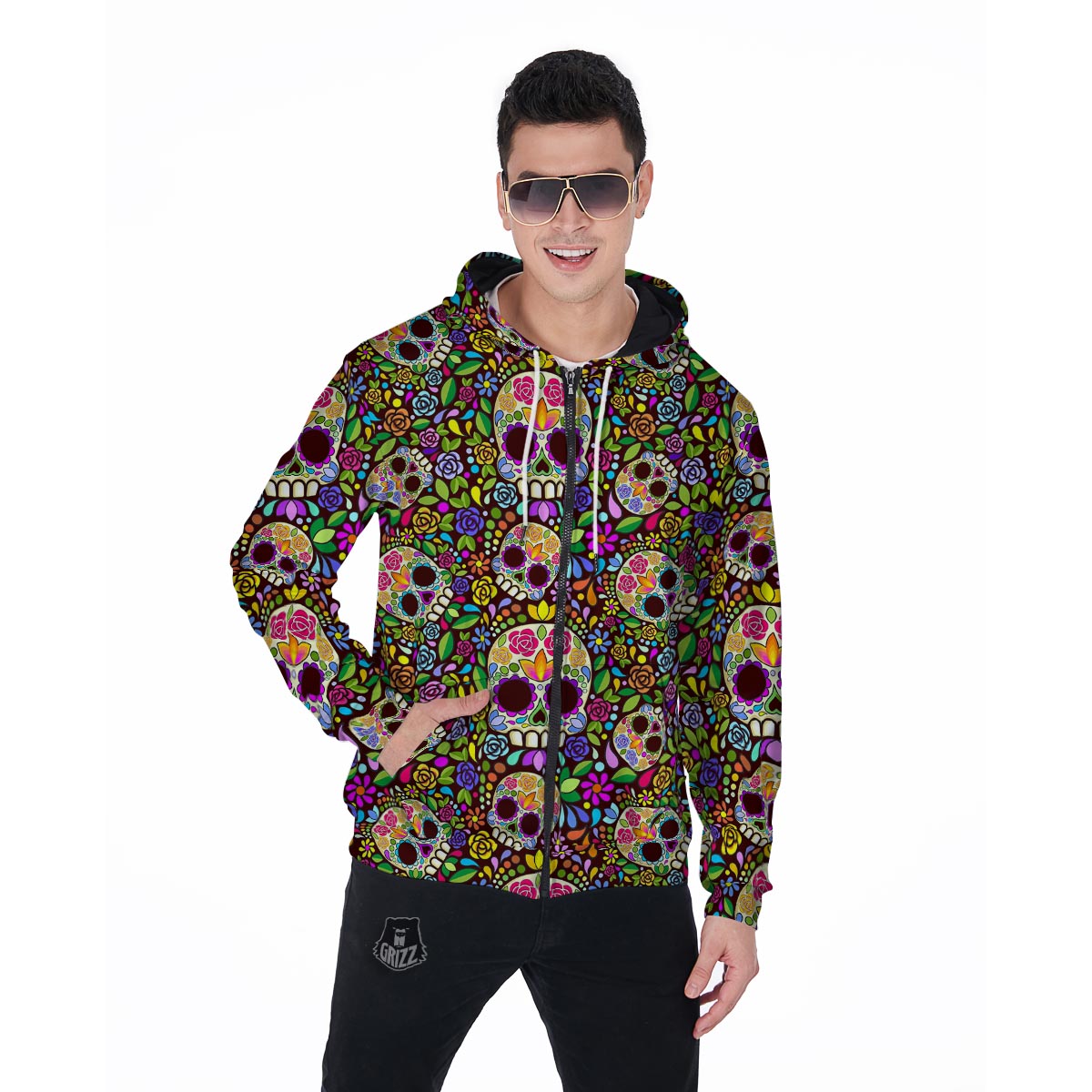 Sugar Skull Mexican Floral Men's Zip Up Hoodie-grizzshop