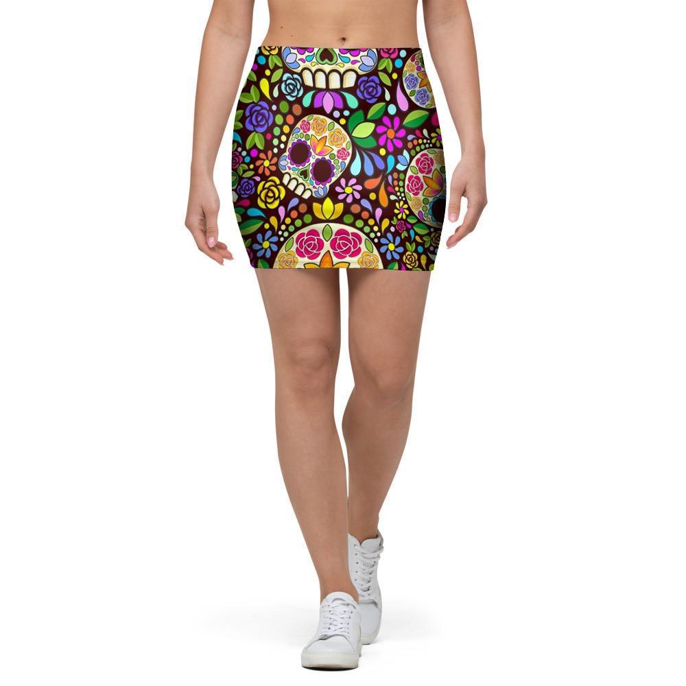 Sugar Skull Mexican Floral Mini Skirt-grizzshop