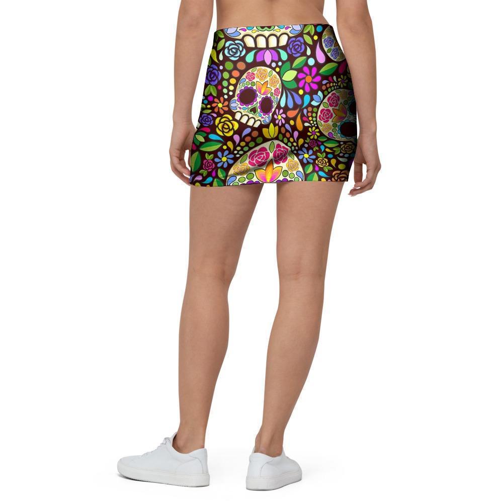 Sugar Skull Mexican Floral Mini Skirt-grizzshop